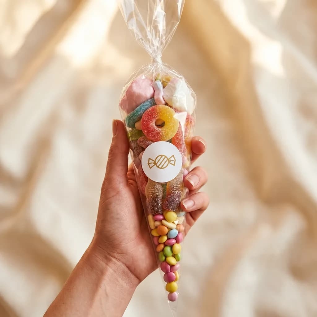 A Vivid Delights sweet cone of pick & mix sealed with a branded sticker, held in one hand