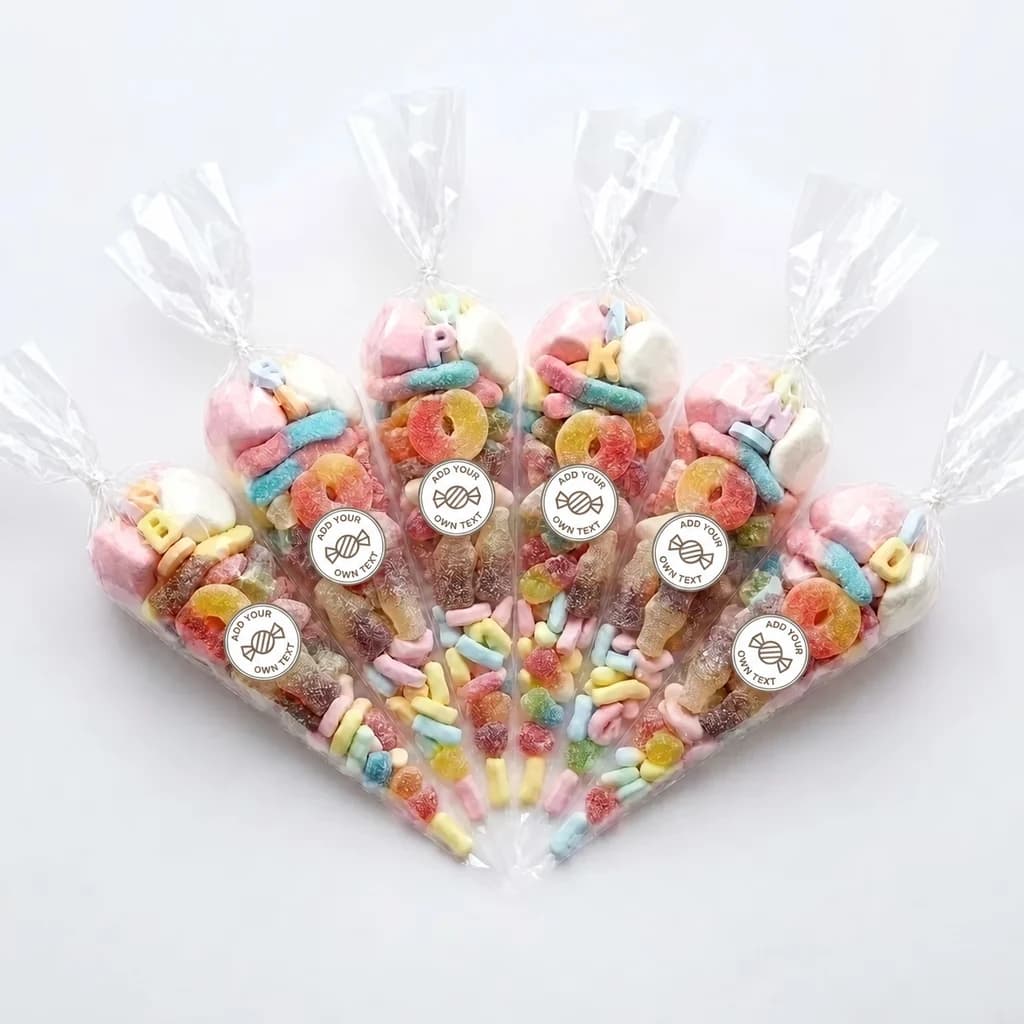 A fan of hand-filled sweet cones, each sealed with a Vivid Delights circle sticker