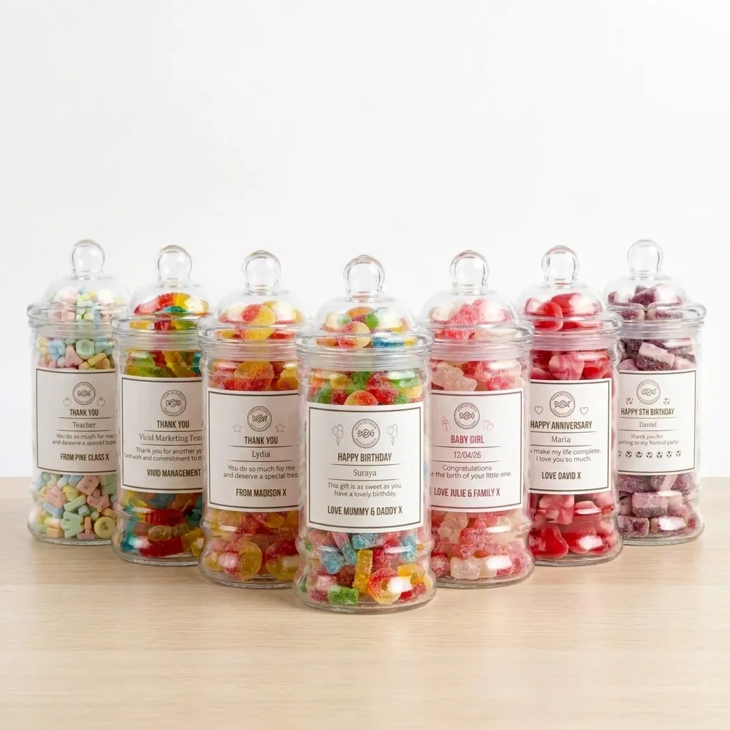 A row of personalised Vivid Delights sweet jars with labels for different occasions