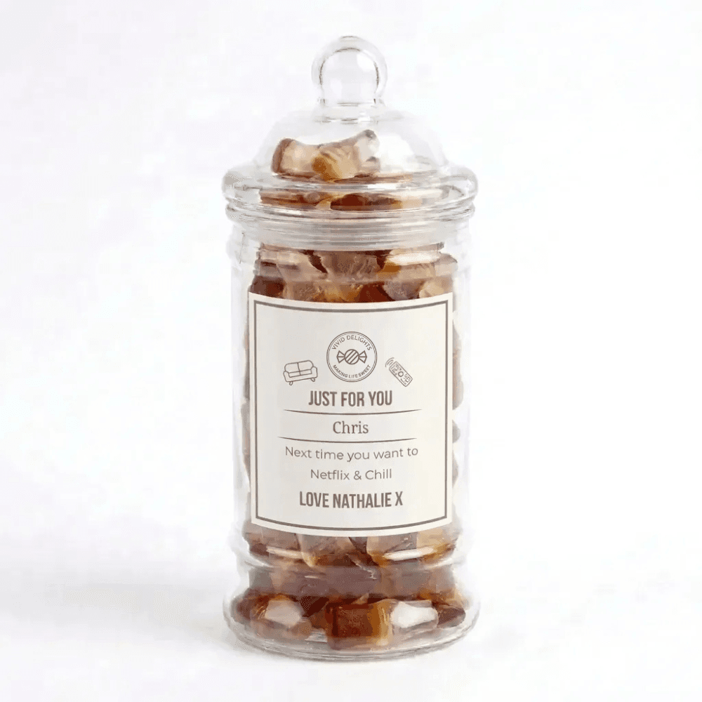 A finished personalised sweet jar with a Just For You label