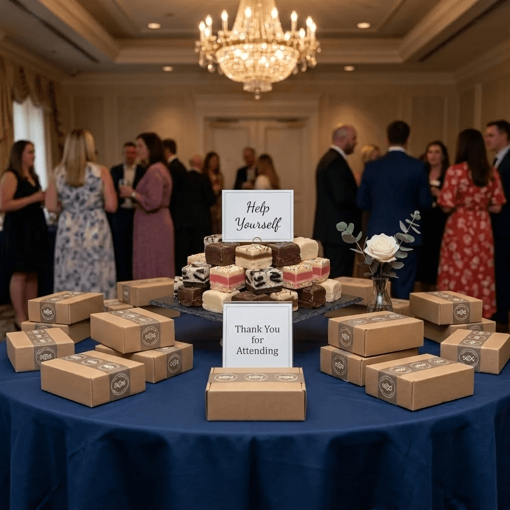 Kraft favour boxes with personalised stickers set out on a table at a celebration