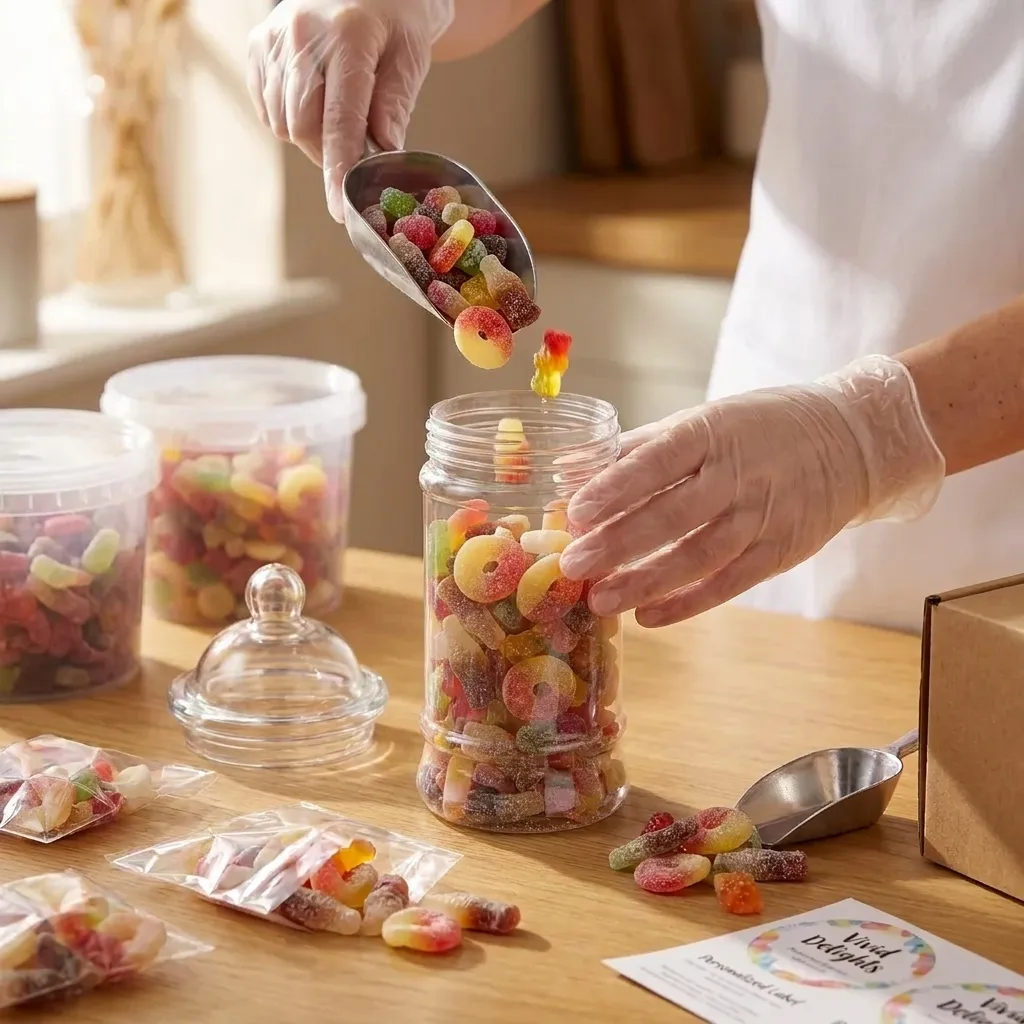 Gloved hands scooping colourful pick & mix into a Victorian-style jar at the workbench