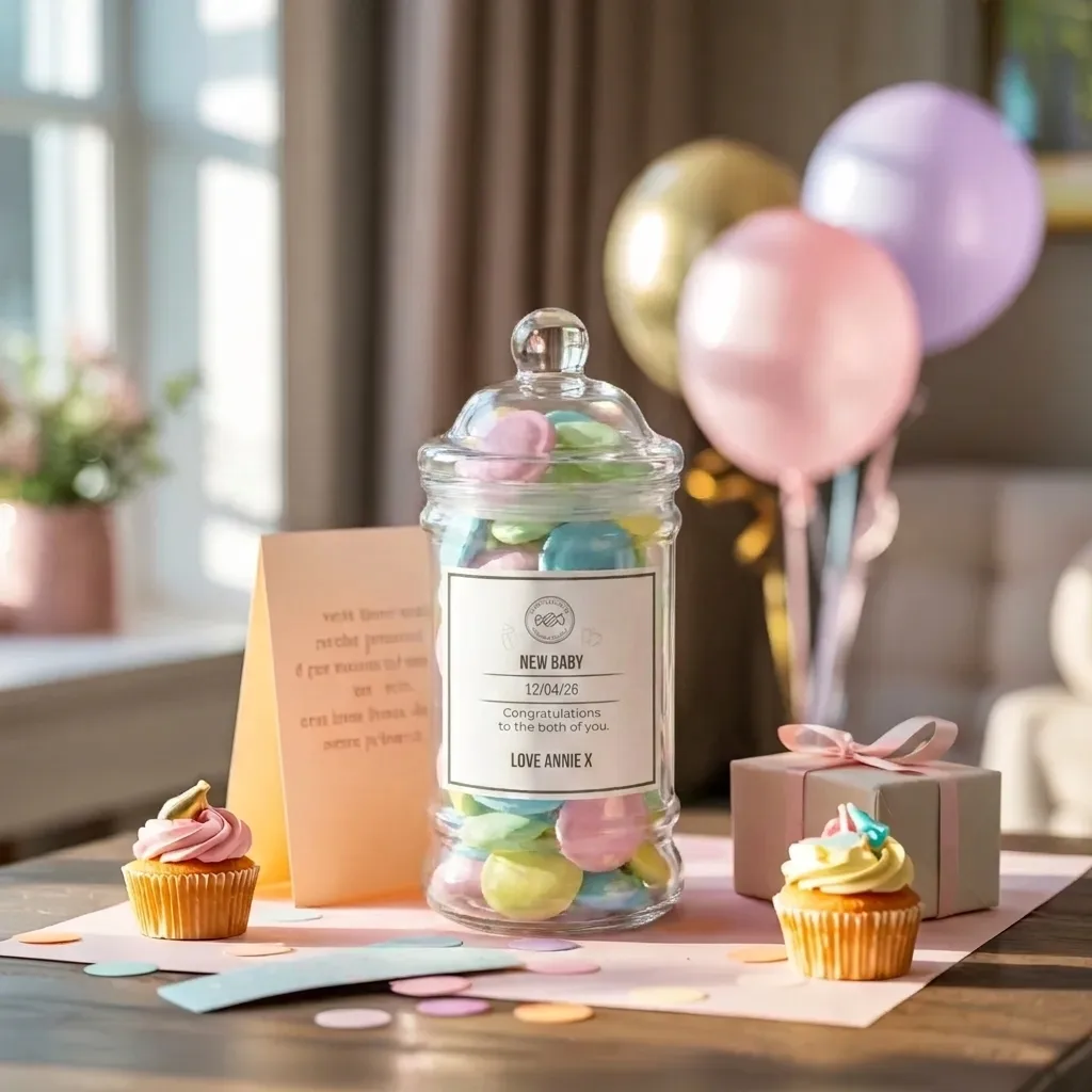 A personalised new baby sweet jar on a pink and gold baby shower table