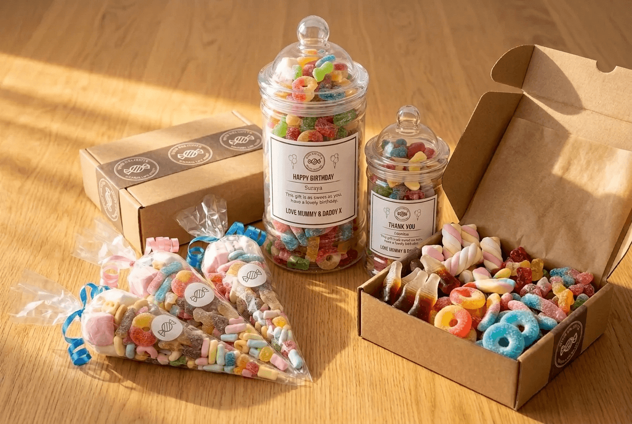 The Vivid Delights range of sweet jars, fudge boxes and cones laid out together