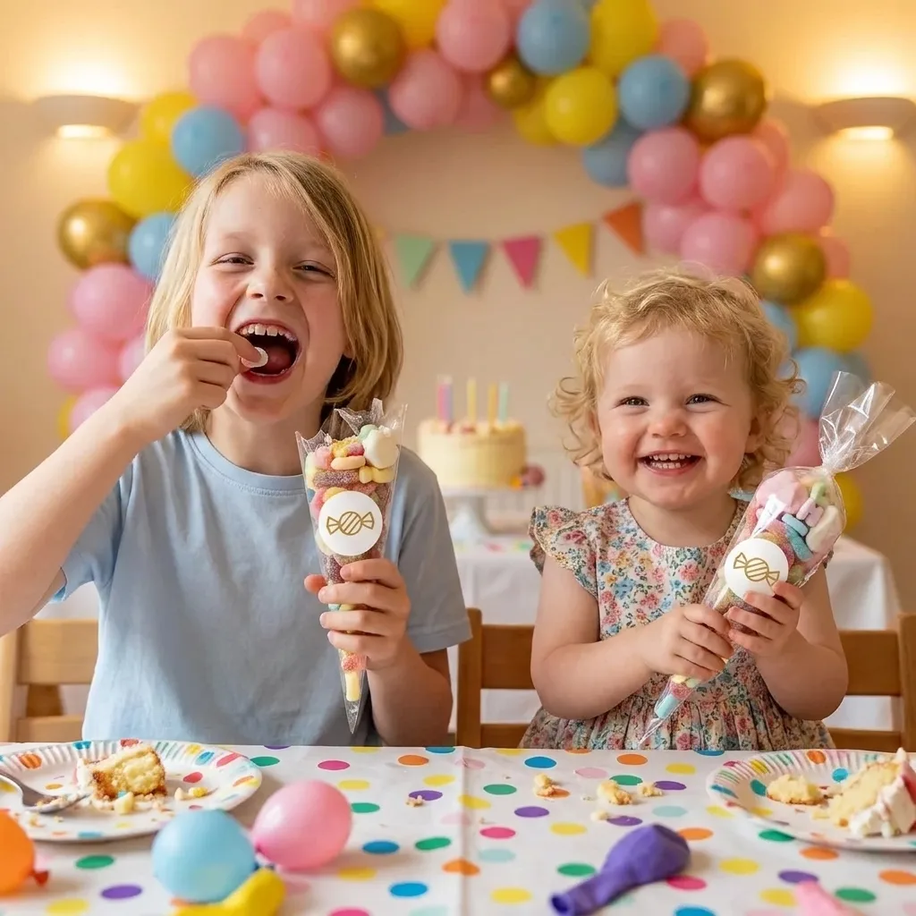 Two children enjoying sweet cones at a birthday party