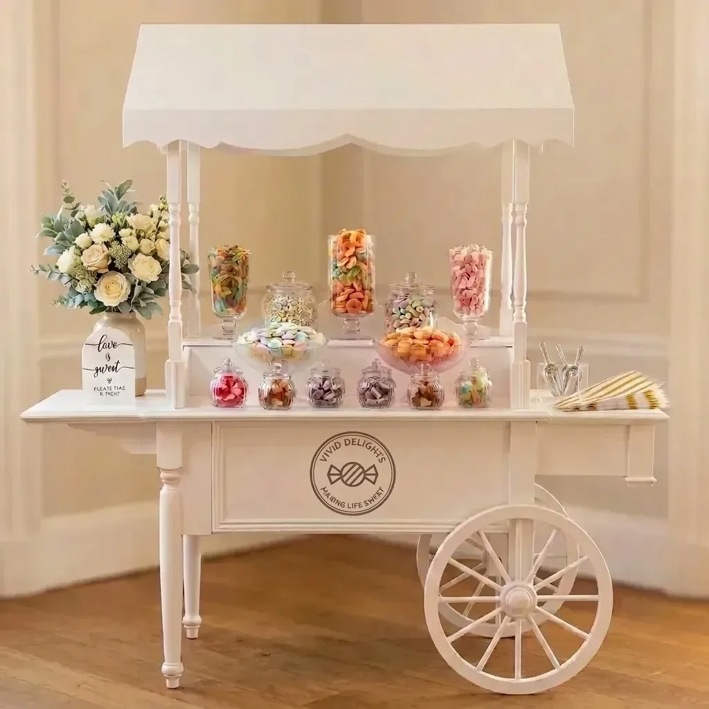 The white Victorian-style Vivid Delights cart with its canopy and the eleven-piece glassware set filled with sweets