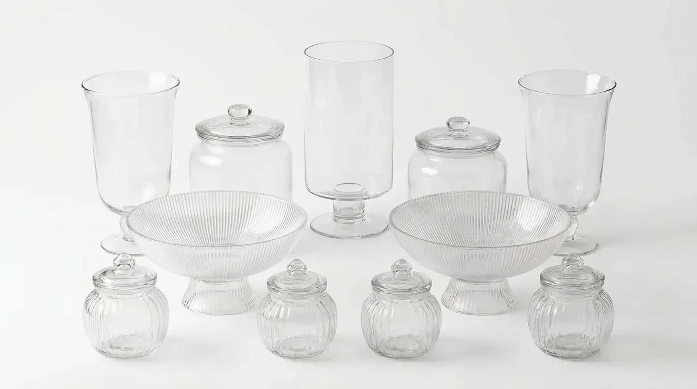 The eleven-piece glassware set: tall footed vases, pedestal bowls, lidded jars and small pumpkin jars