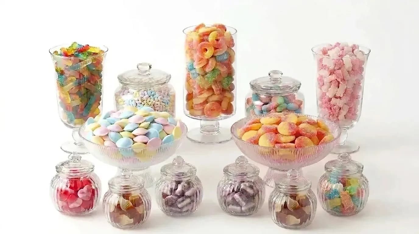 Colourful pick and mix arranged in decorative glassware
