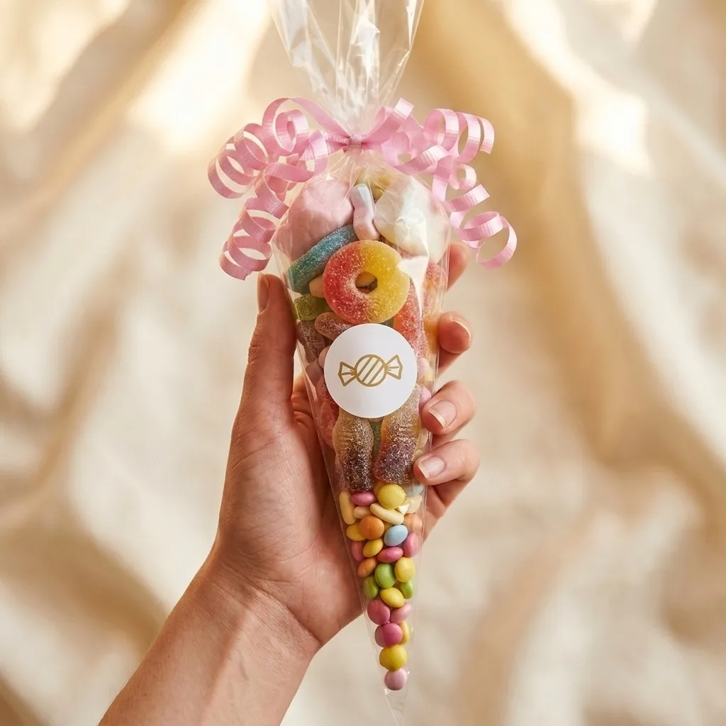 A pastel Vivid Delights sweet cone sealed with a branded sticker and tied with pink ribbon