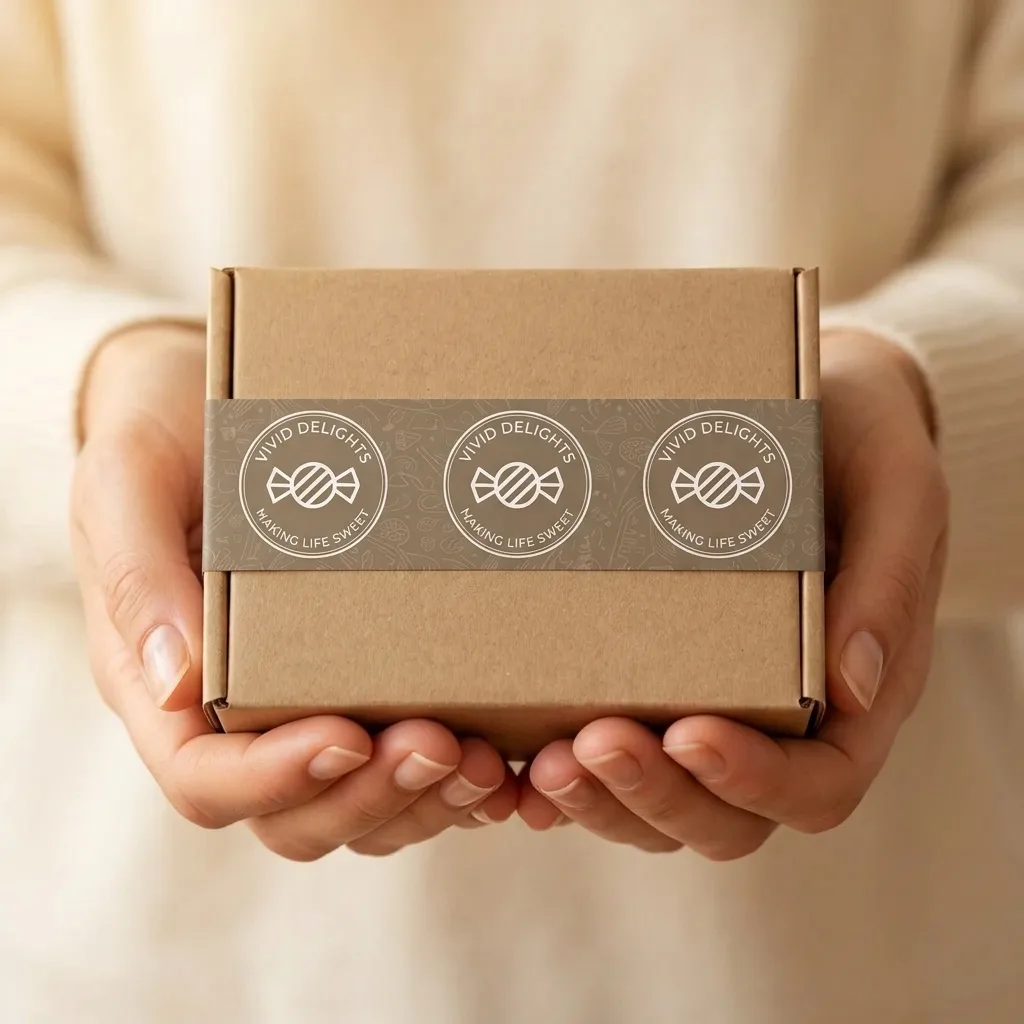 A pair of hands holding a kraft Vivid Delights gift box wrapped in a Making Life Sweet branded sleeve