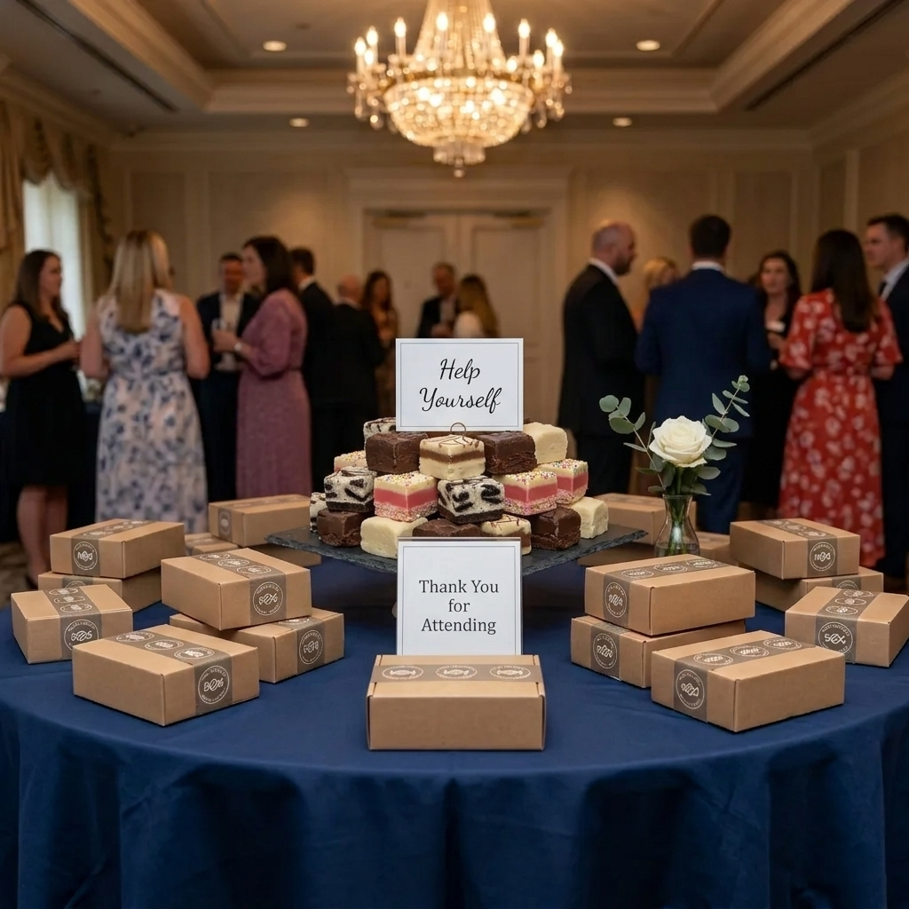 A corporate event gift table with branded Vivid Delights boxes, a Help Yourself sign and Thank You for Attending message cards